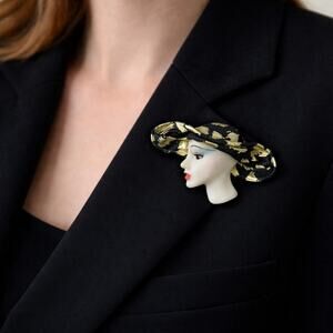 Vintage Lady Head Brooch Large Hat Satin Metallic Glam Face Pin Black Gold Retro